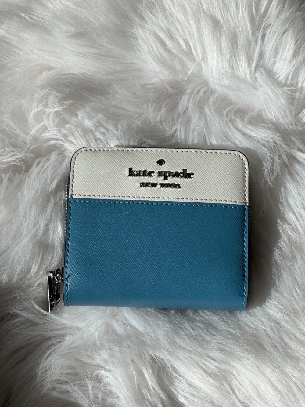 Kate Spade Blue White Colorblock Small Zip Bifold Wallet